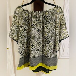 Multiples Floral Off-Shoulder Tunic in White, Black & Lime